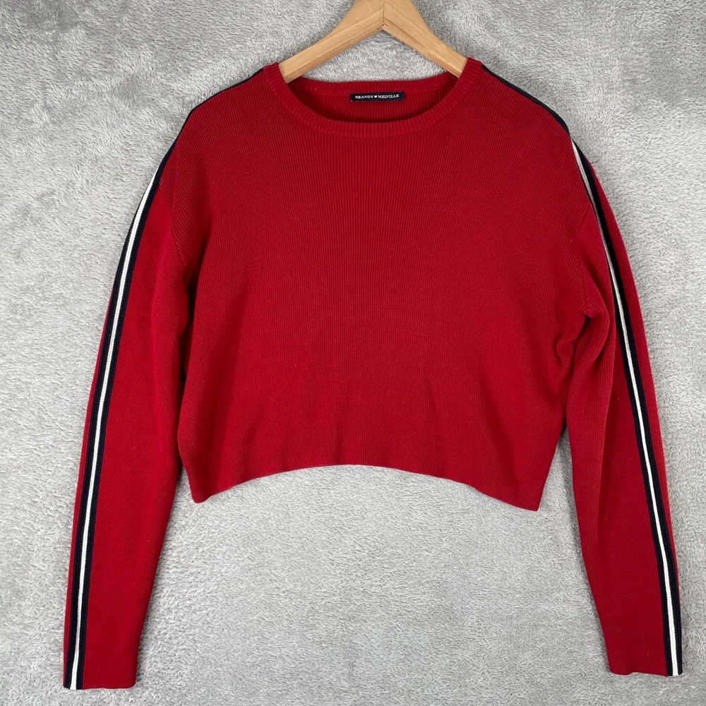 Brandy Melville Sweater Womens One Size Red Side Stripe Cropped Cotton Knit Crew
